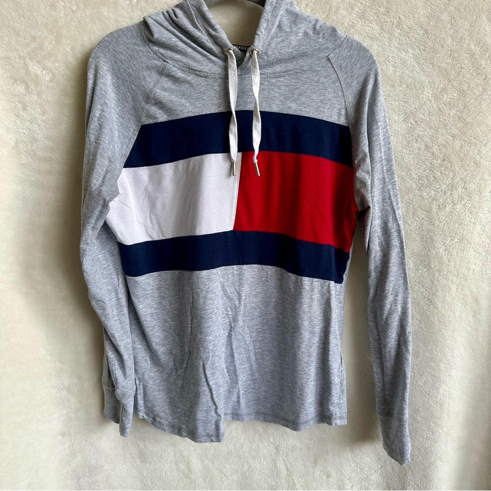Tommy Hilfiger Sport Sz S Flag Colorblock Lightweight Hoodie‎ Gray Pullover Top